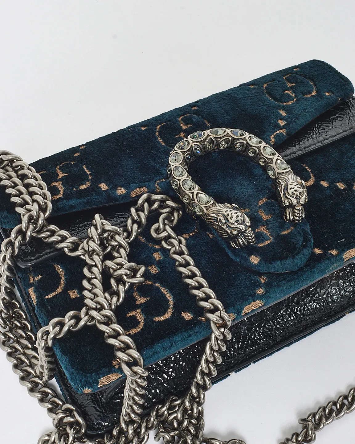Gucci Dark Green Velvet Monogram & Jewel Super Mini Dionysus Crossbody Bag