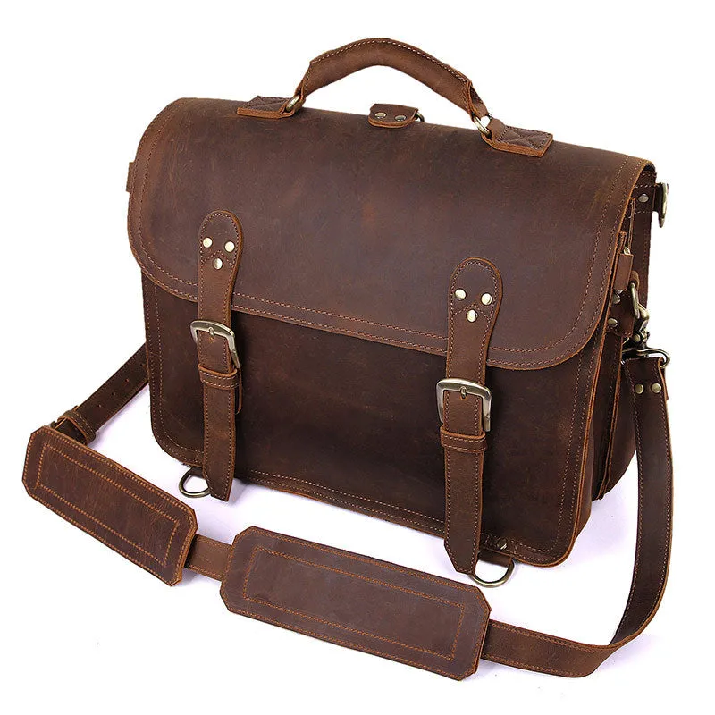 Handmade Crazy Horse Leather Messenger Bags Brown Vintage Shoulder Bags