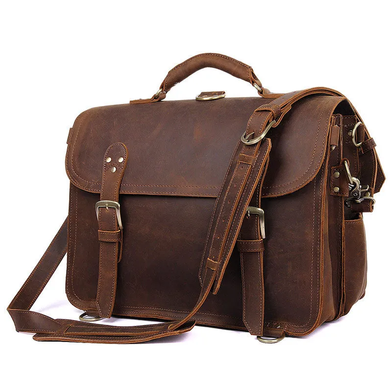 Handmade Crazy Horse Leather Messenger Bags Brown Vintage Shoulder Bags