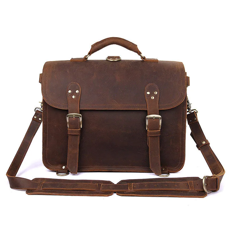 Handmade Crazy Horse Leather Messenger Bags Brown Vintage Shoulder Bags
