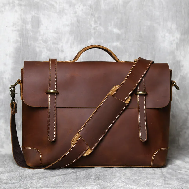 Handmade Full Grain Leather Briefcase Vintage Brown Business Messenger Bag Handbags
