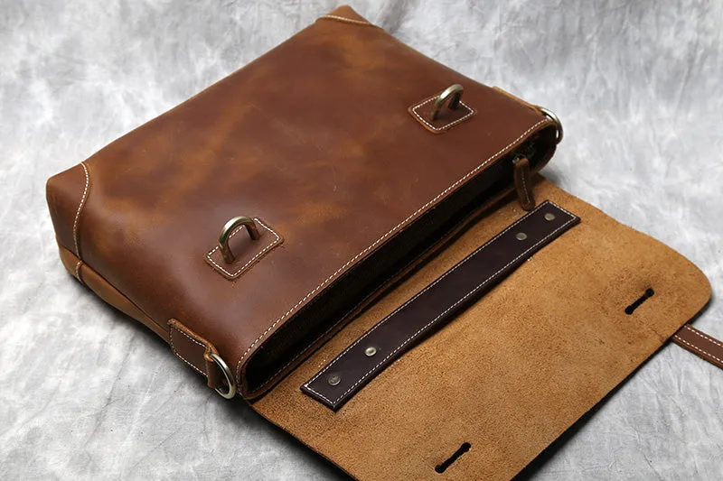 Handmade Full Grain Leather Briefcase Vintage Brown Business Messenger Bag Handbags