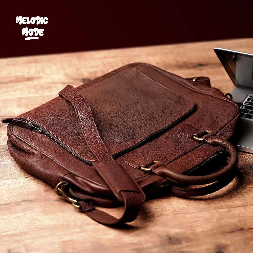 Handmade Genuine Leather Satchel | Vintage Brown Messenger Bag | Rustic Laptop Briefcase with Adjustable Strap | Men's Office Crossbody Bag