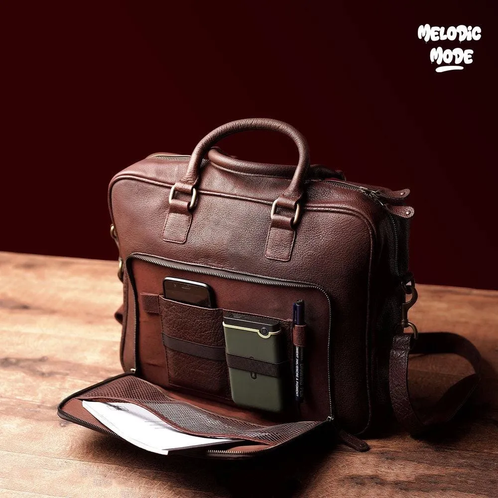 Handmade Genuine Leather Satchel | Vintage Brown Messenger Bag | Rustic Laptop Briefcase with Adjustable Strap | Men's Office Crossbody Bag