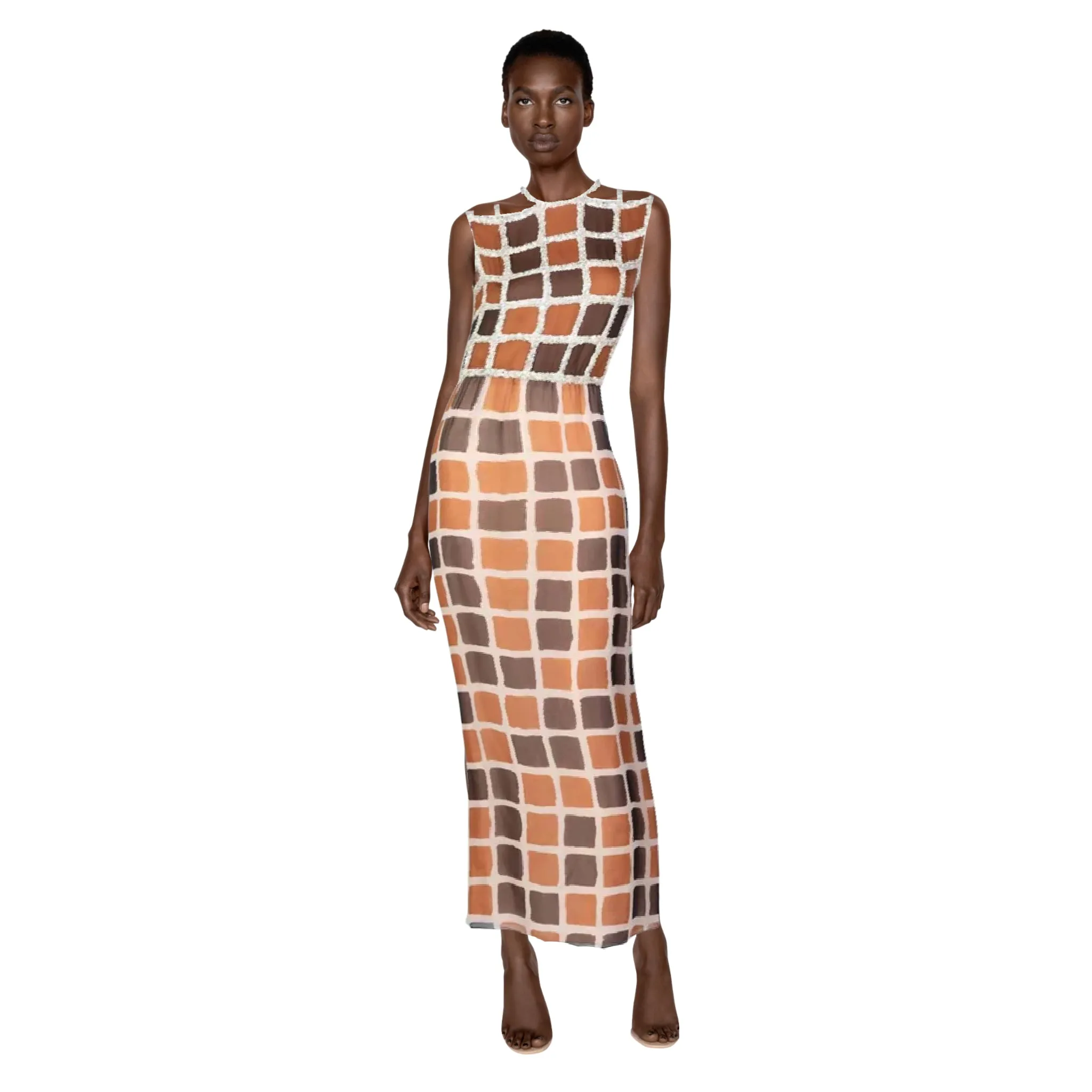 JAMES GALANOS Brown Tones Silk Chiffon Dress | Size S