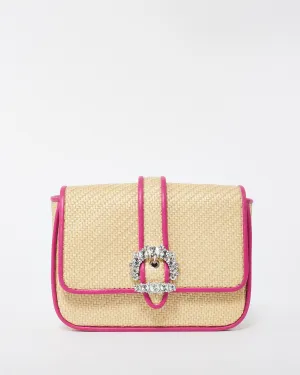Jimmy Choo Pink Leather Trim Raffia Crystal Embellished Buckle Crossbody Bag