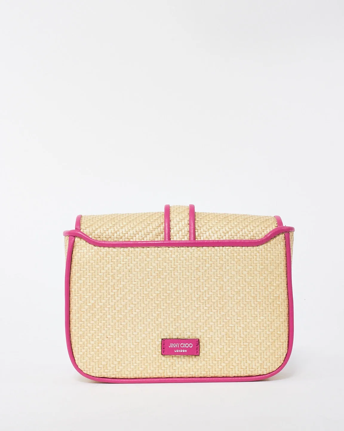 Jimmy Choo Pink Leather Trim Raffia Crystal Embellished Buckle Crossbody Bag