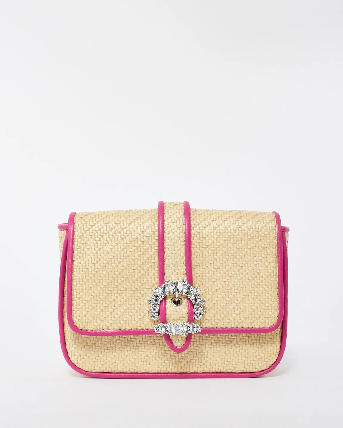Jimmy Choo Pink Leather Trim Raffia Crystal Embellished Buckle Crossbody Bag