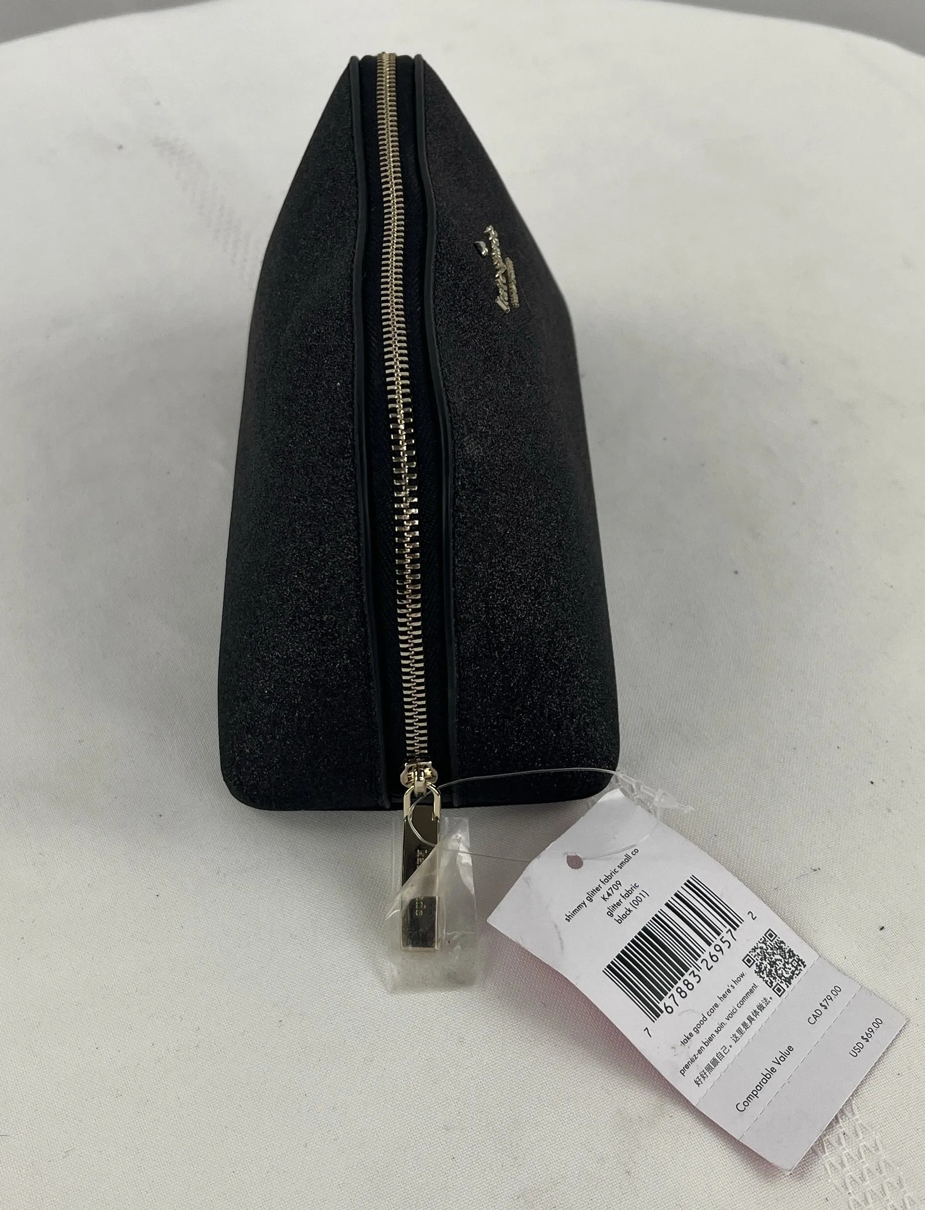 Kate Spade Shimmy Glitter Fabric Small Cosmetic Bag K4709 Black NWT MSRP $69