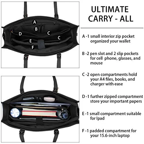 Laptop Bag for Women Waterproof Lightweight Leather 15.6 Inch Computer Tote Bag Business Office Briefcase Large Capacity Handbag Shoulder Bag Professional Office Work Bag Black