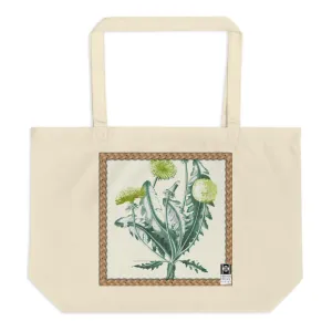Large tote bag made from organic cotton featuring a vintage illustration of a dandelion