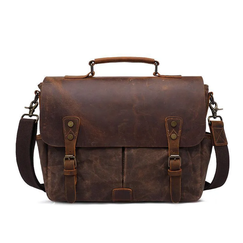 Latest Style Handmade Canvas Leather Briefcase Vintage Crazy Horse Messenger Bag Crossbody Shoulder Bag Laptop Bag W1808