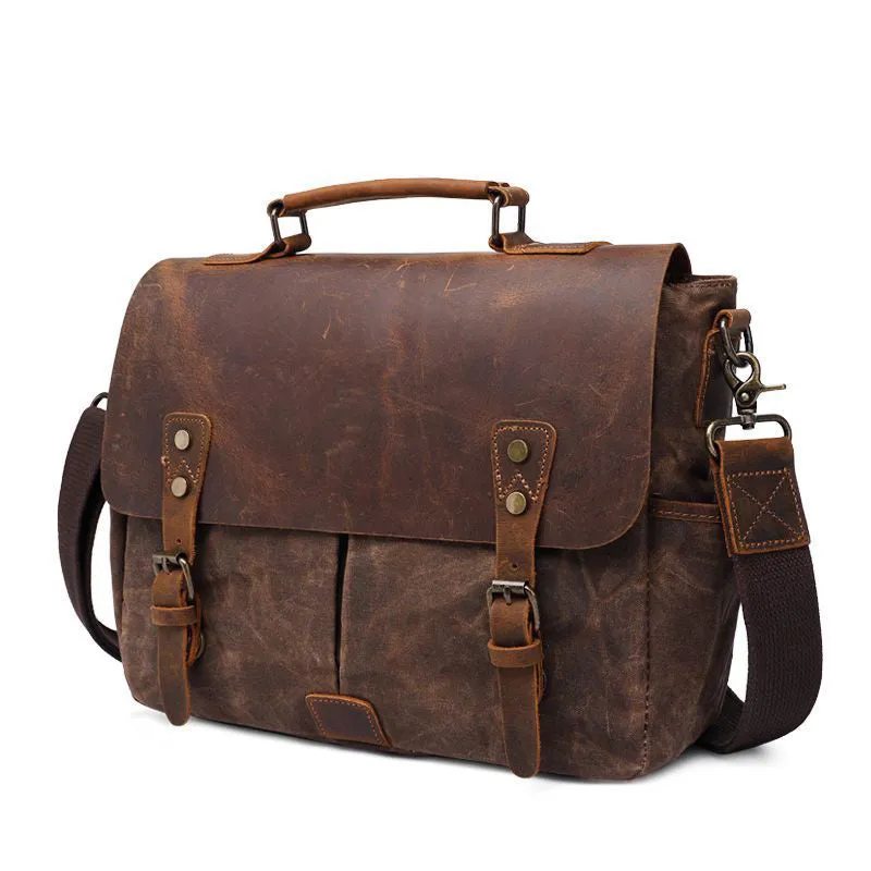 Latest Style Handmade Canvas Leather Briefcase Vintage Crazy Horse Messenger Bag Crossbody Shoulder Bag Laptop Bag W1808