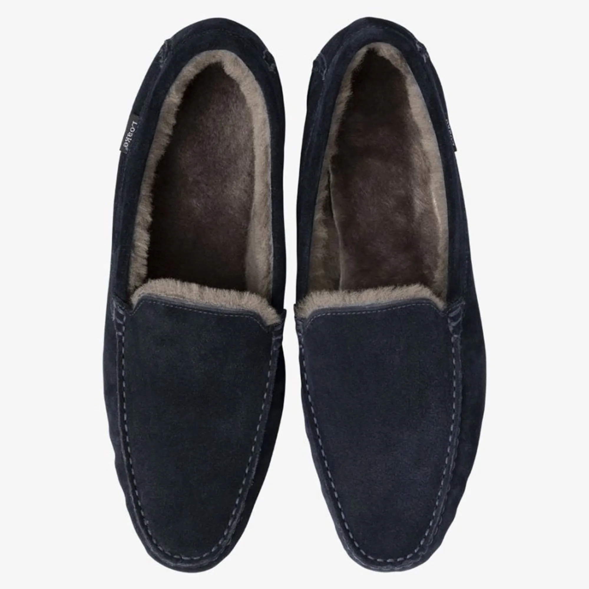 LOAKE Guards Shearling Lined Suede Slippers in Navy Suede