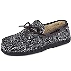 LongBay Men's Comfort Memory Foam Moccasin Slippers Micro Suede Wool Plush Slip-on House Shoes Indoor Outdoor(10 D(M) US, Black)