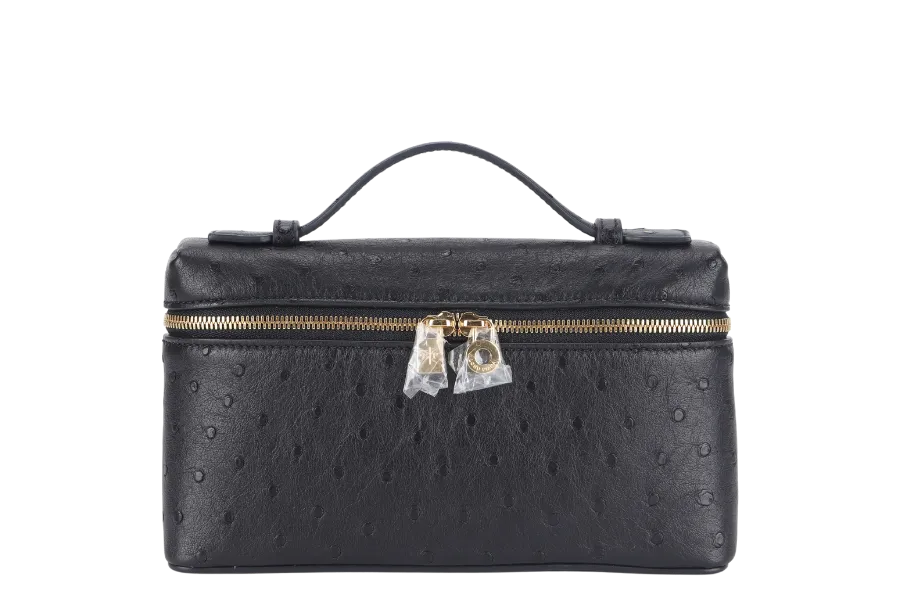 LORO PIANA EXTRA POCKET L19 BLACK COLOR OSTRICH LEATHER WITH GOLD HARDWARE WITH STRAP WITH DUST COVER AND BOX