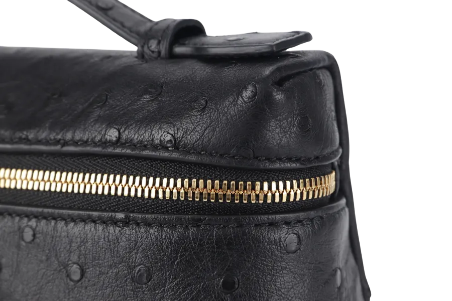 LORO PIANA EXTRA POCKET L19 BLACK COLOR OSTRICH LEATHER WITH GOLD HARDWARE WITH STRAP WITH DUST COVER AND BOX