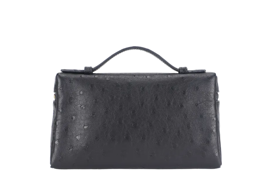 LORO PIANA EXTRA POCKET L19 BLACK COLOR OSTRICH LEATHER WITH GOLD HARDWARE WITH STRAP WITH DUST COVER AND BOX