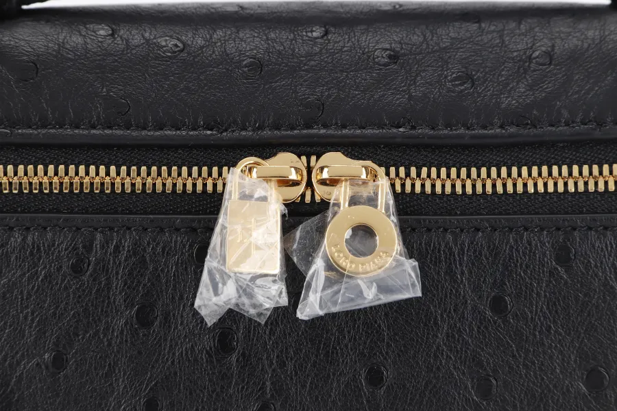 LORO PIANA EXTRA POCKET L19 BLACK COLOR OSTRICH LEATHER WITH GOLD HARDWARE WITH STRAP WITH DUST COVER AND BOX
