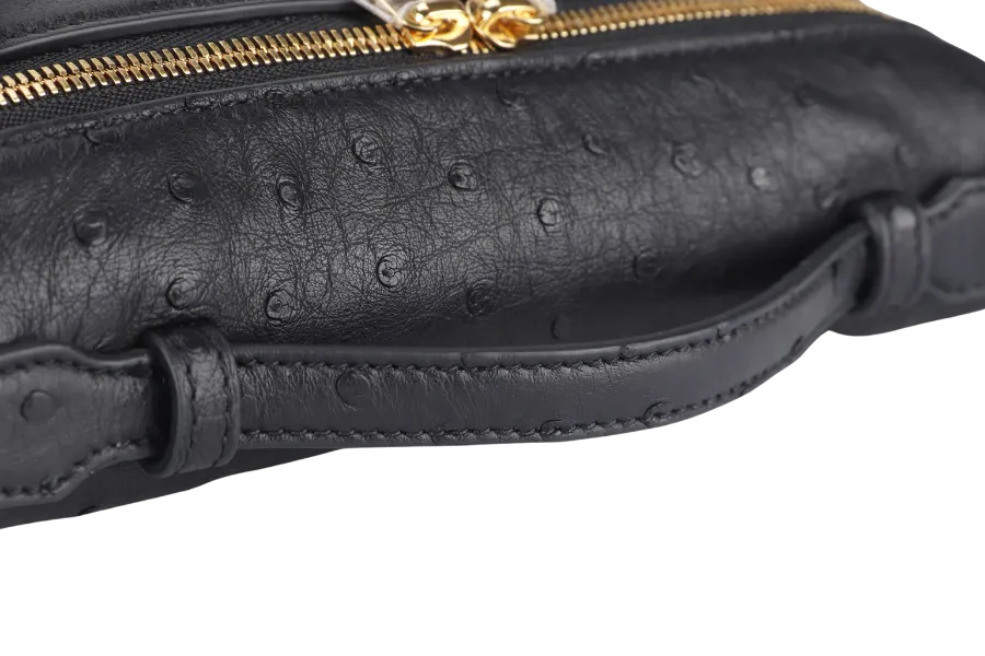 LORO PIANA EXTRA POCKET L19 BLACK COLOR OSTRICH LEATHER WITH GOLD HARDWARE WITH STRAP WITH DUST COVER AND BOX