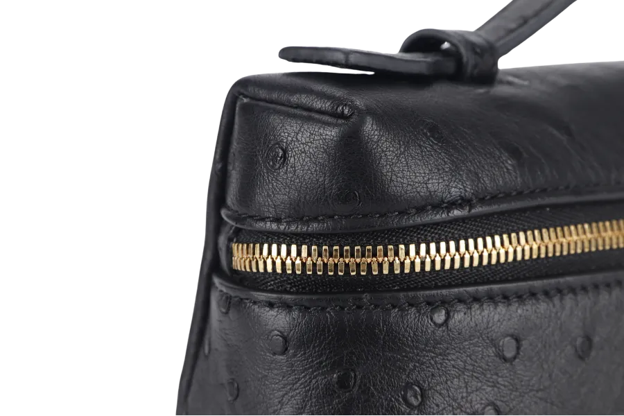 LORO PIANA EXTRA POCKET L19 BLACK COLOR OSTRICH LEATHER WITH GOLD HARDWARE WITH STRAP WITH DUST COVER AND BOX