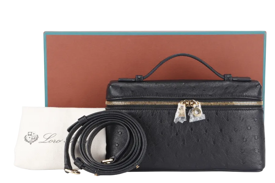 LORO PIANA EXTRA POCKET L19 BLACK COLOR OSTRICH LEATHER WITH GOLD HARDWARE WITH STRAP WITH DUST COVER AND BOX