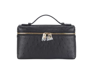 LORO PIANA EXTRA POCKET L19 BLACK COLOR OSTRICH LEATHER WITH GOLD HARDWARE WITH STRAP WITH DUST COVER AND BOX