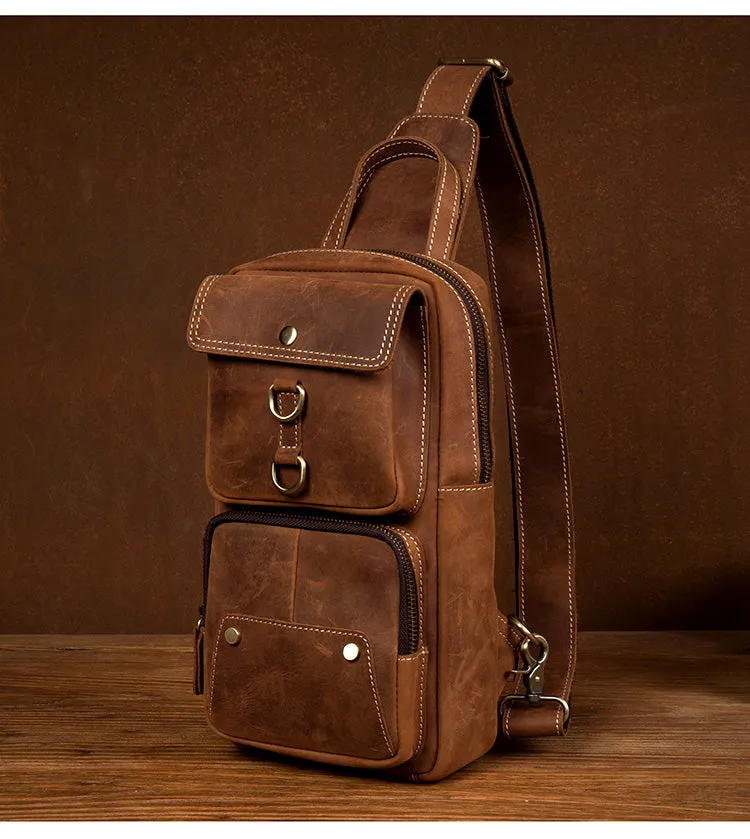 Men Retro Chest Bag Full Grain Leather Chest Pack Casual Messenger Bag V160877