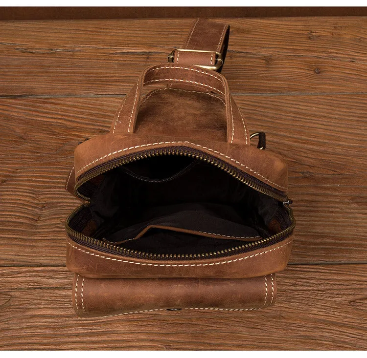 Men Retro Chest Bag Full Grain Leather Chest Pack Casual Messenger Bag V160877