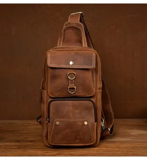 Men Retro Chest Bag Full Grain Leather Chest Pack Casual Messenger Bag V160877