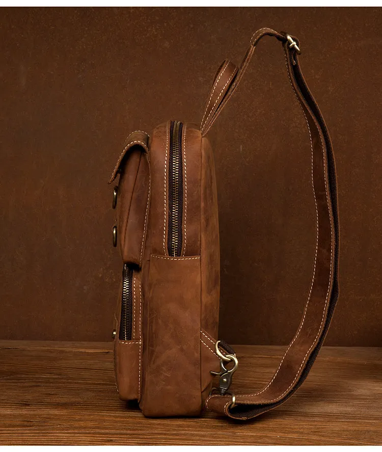 Men Retro Chest Bag Full Grain Leather Chest Pack Casual Messenger Bag V160877