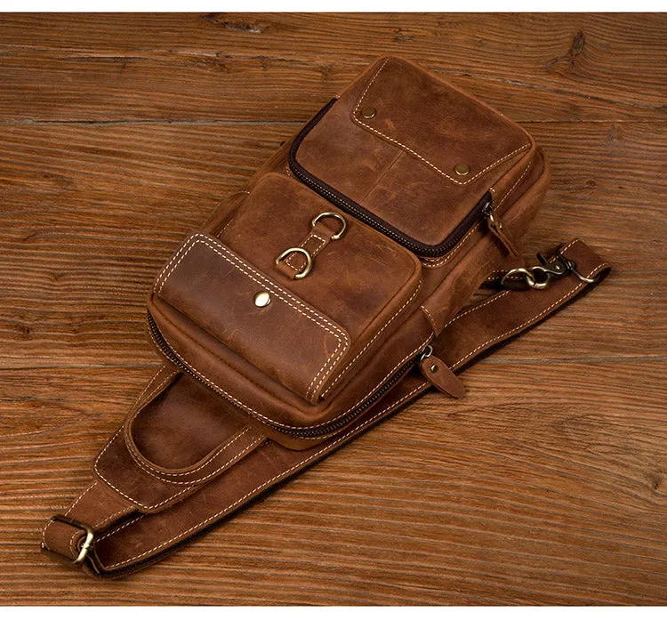 Men Retro Chest Bag Full Grain Leather Chest Pack Casual Messenger Bag V160877