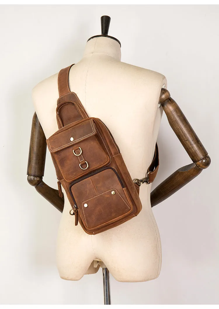 Men Retro Chest Bag Full Grain Leather Chest Pack Casual Messenger Bag V160877