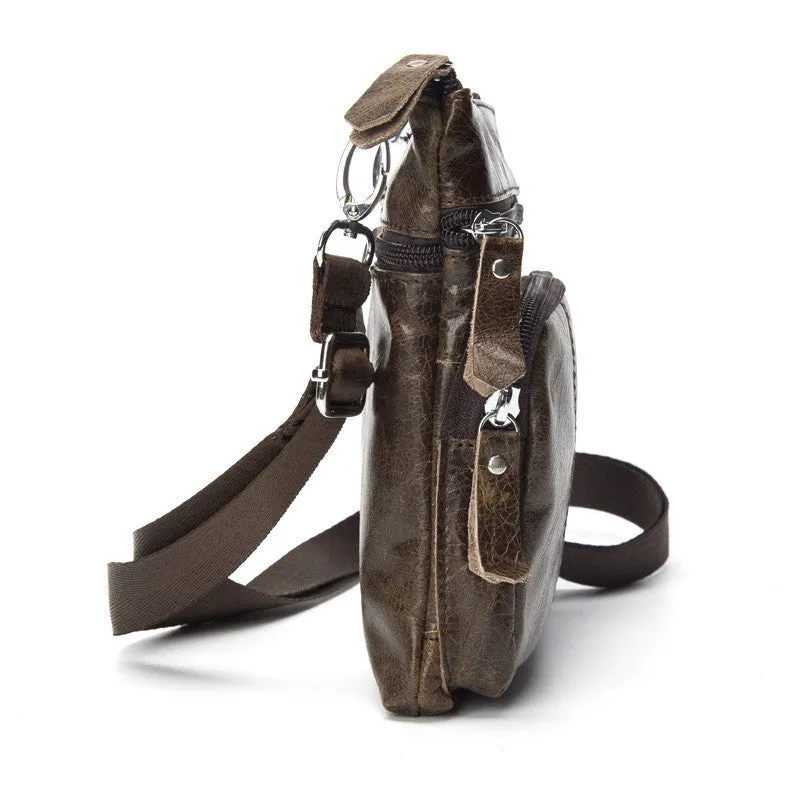 Men's Top Grain Genuine Leather Zipper Shoulder Bag, Vintage Leisure Small Messenger Bag 701