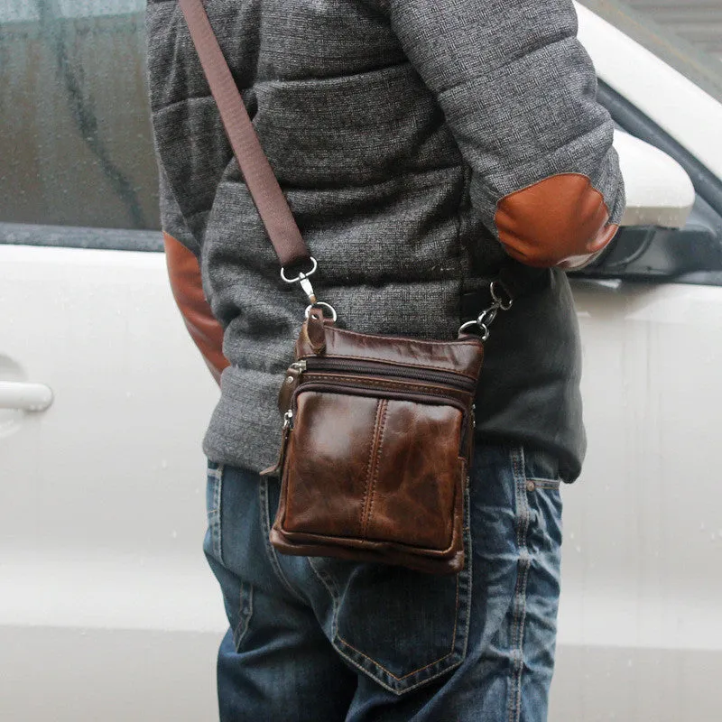 Men's Top Grain Genuine Leather Zipper Shoulder Bag, Vintage Leisure Small Messenger Bag 701
