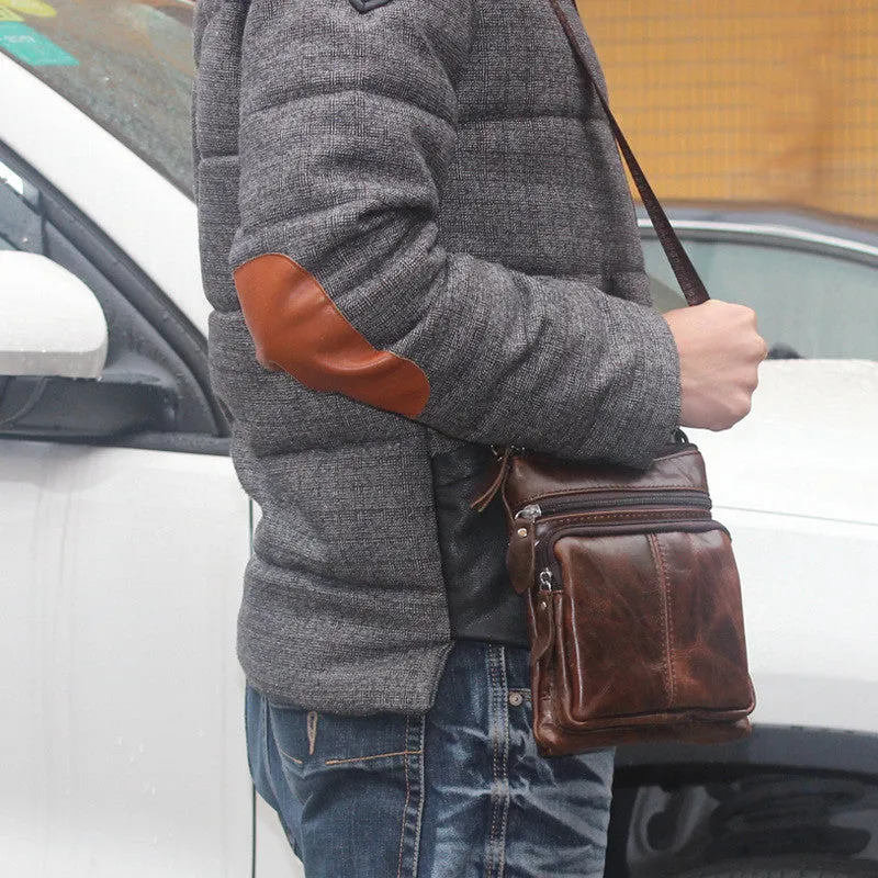 Men's Top Grain Genuine Leather Zipper Shoulder Bag, Vintage Leisure Small Messenger Bag 701