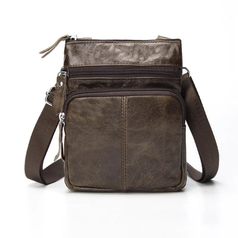 Men's Top Grain Genuine Leather Zipper Shoulder Bag, Vintage Leisure Small Messenger Bag 701