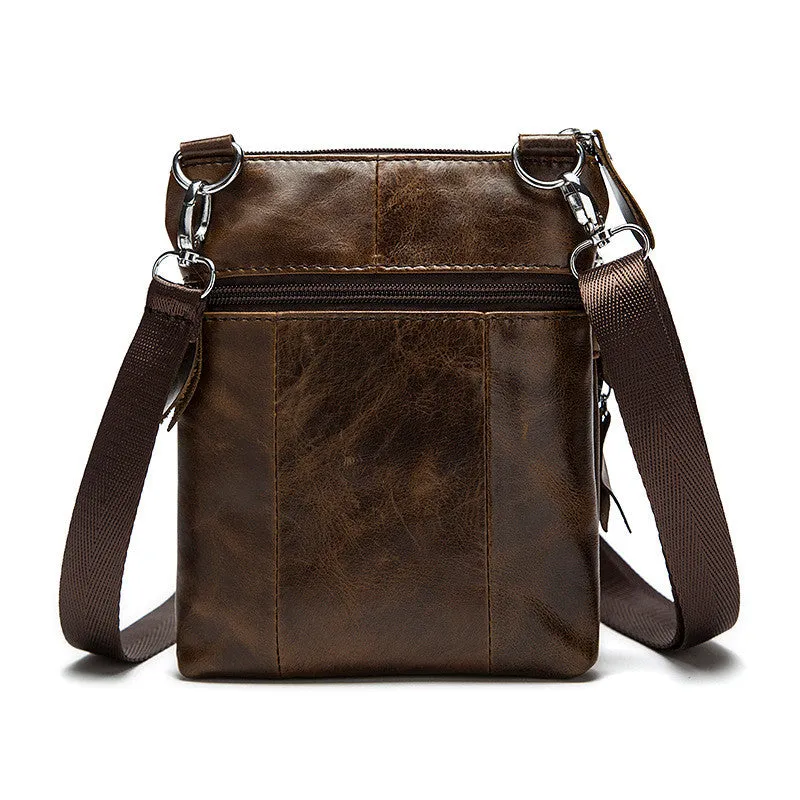 Men's Top Grain Genuine Leather Zipper Shoulder Bag, Vintage Leisure Small Messenger Bag 701