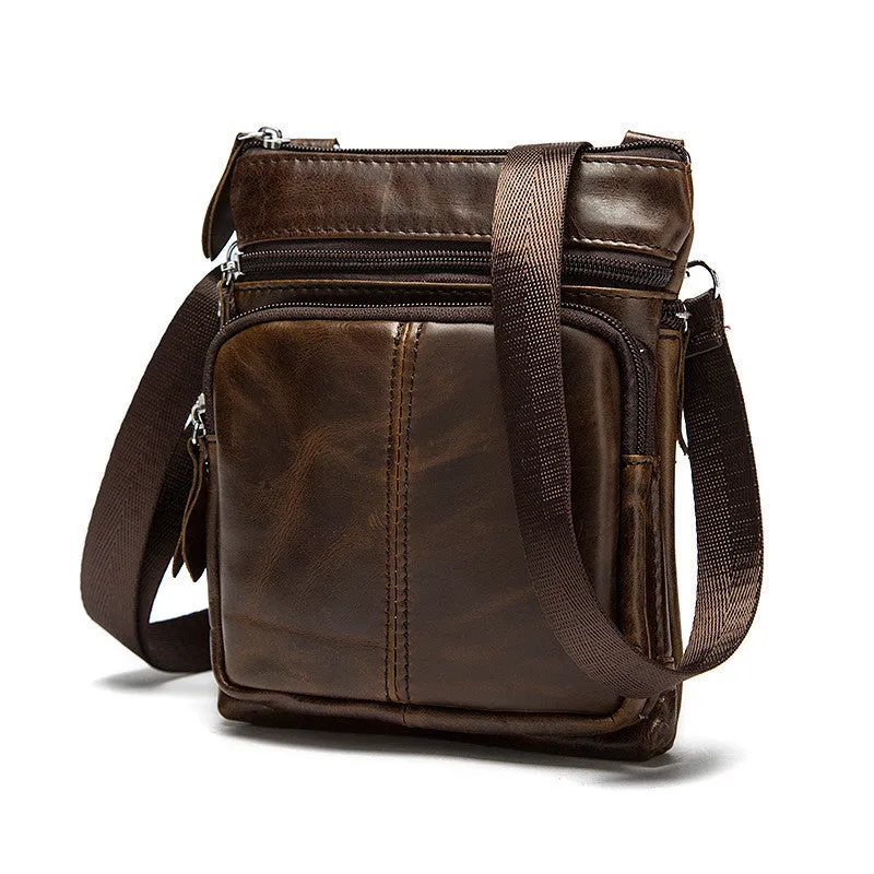 Men's Top Grain Genuine Leather Zipper Shoulder Bag, Vintage Leisure Small Messenger Bag 701