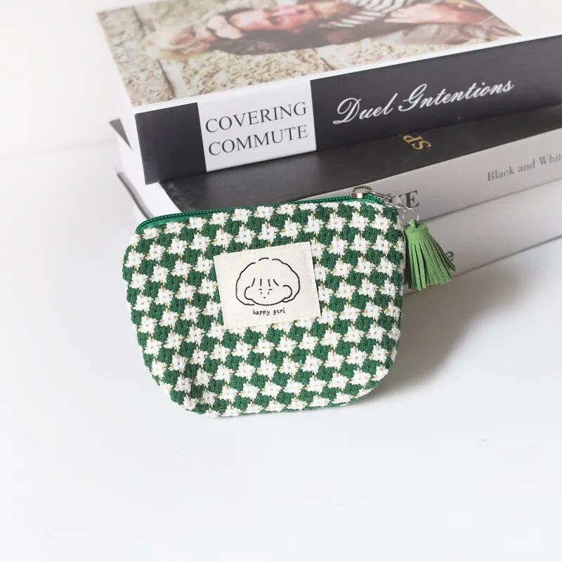 Mini Portable Plaid Coin Bags Money Wallet Purse Earphone Lipstick Data Line Storage Bags ID Card Bank Card Holder Clutch Pouch