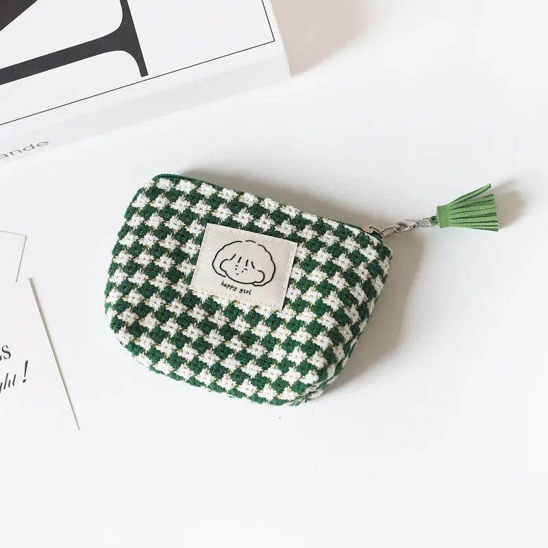 Mini Portable Plaid Coin Bags Money Wallet Purse Earphone Lipstick Data Line Storage Bags ID Card Bank Card Holder Clutch Pouch