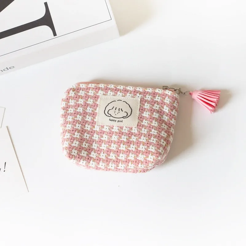 Mini Portable Plaid Coin Bags Money Wallet Purse Earphone Lipstick Data Line Storage Bags ID Card Bank Card Holder Clutch Pouch