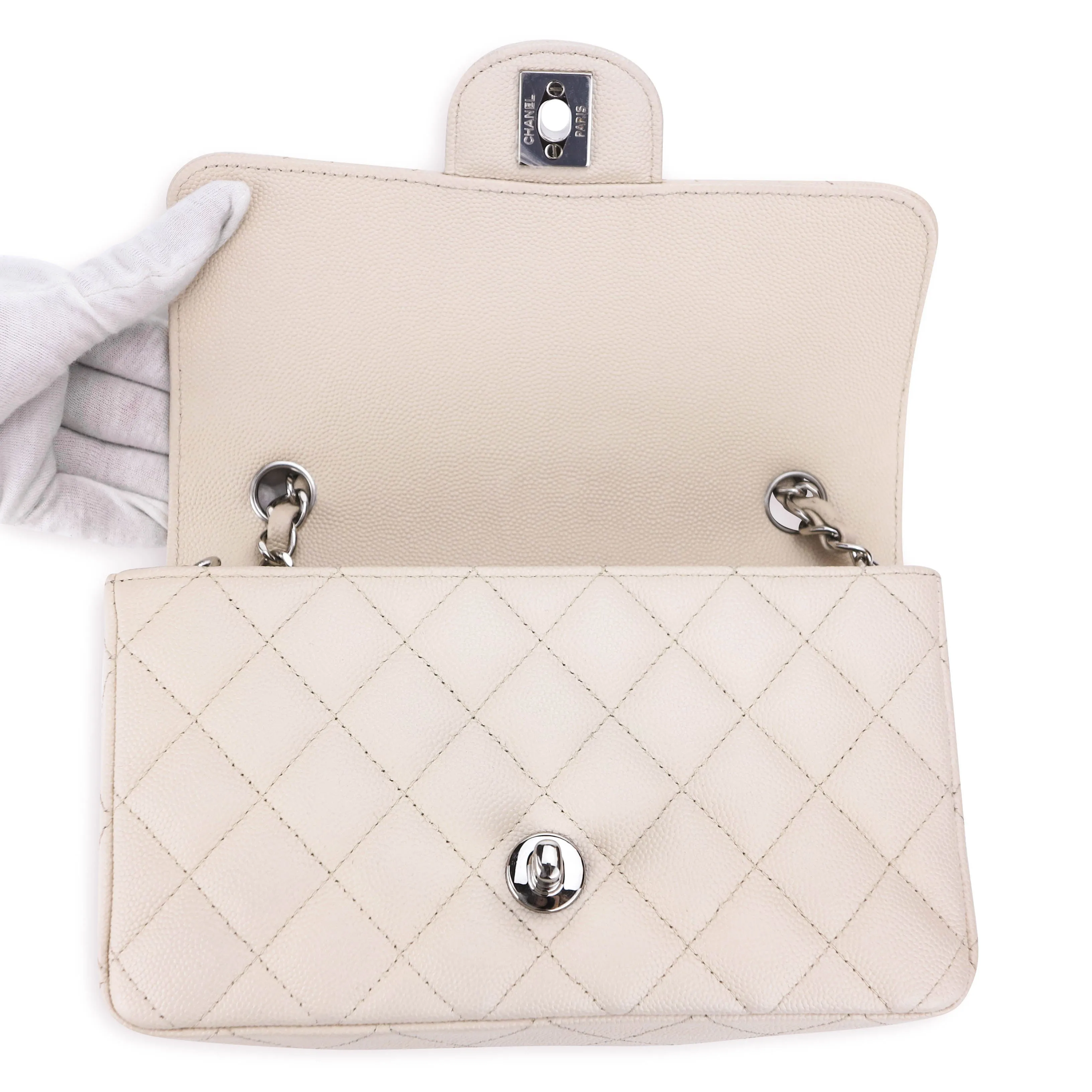 Mini Rectangular Flap Bag in 18C Light Beige Caviar SHW