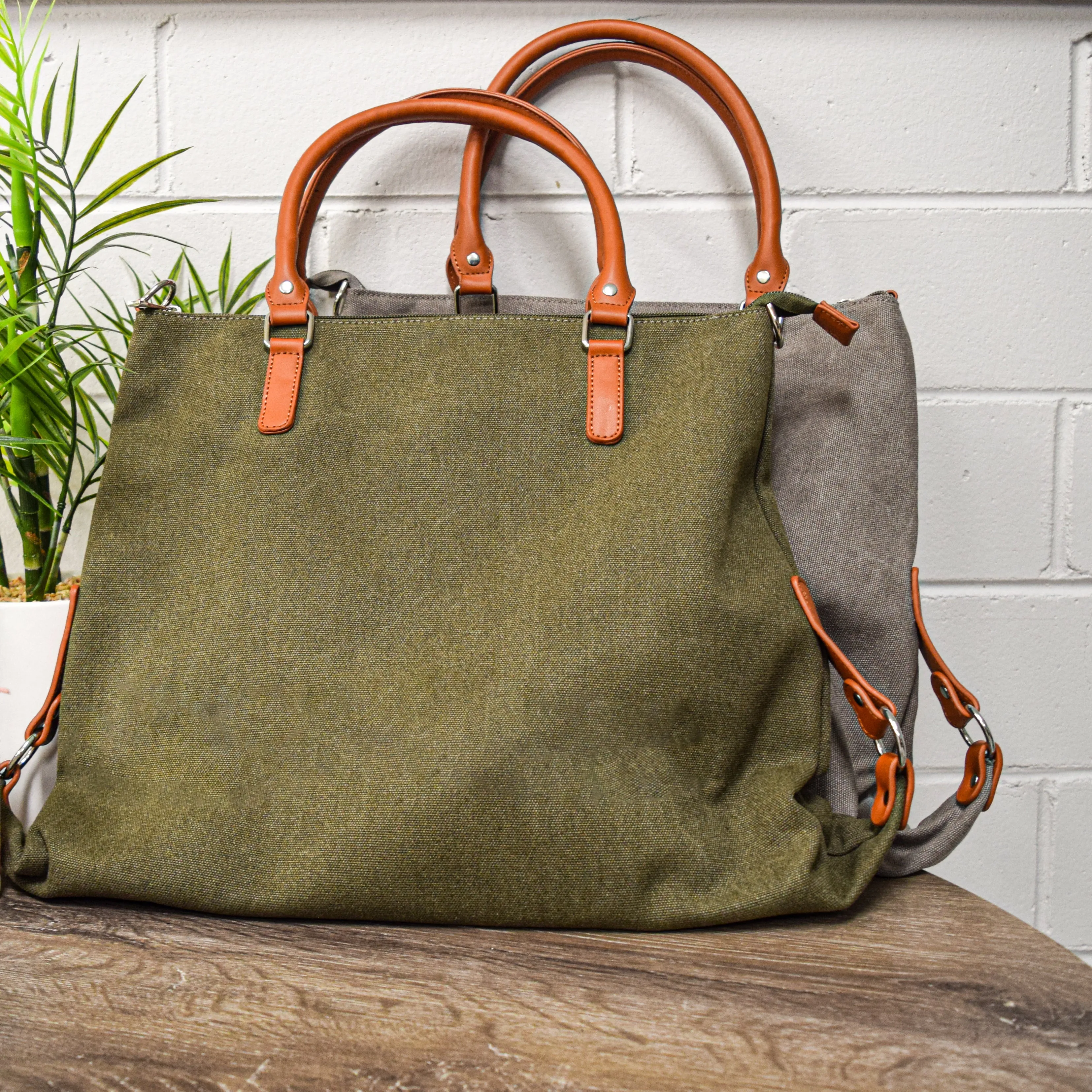 Minkara | Women's Grey Canvas Handbag with Genuine Leather Straps