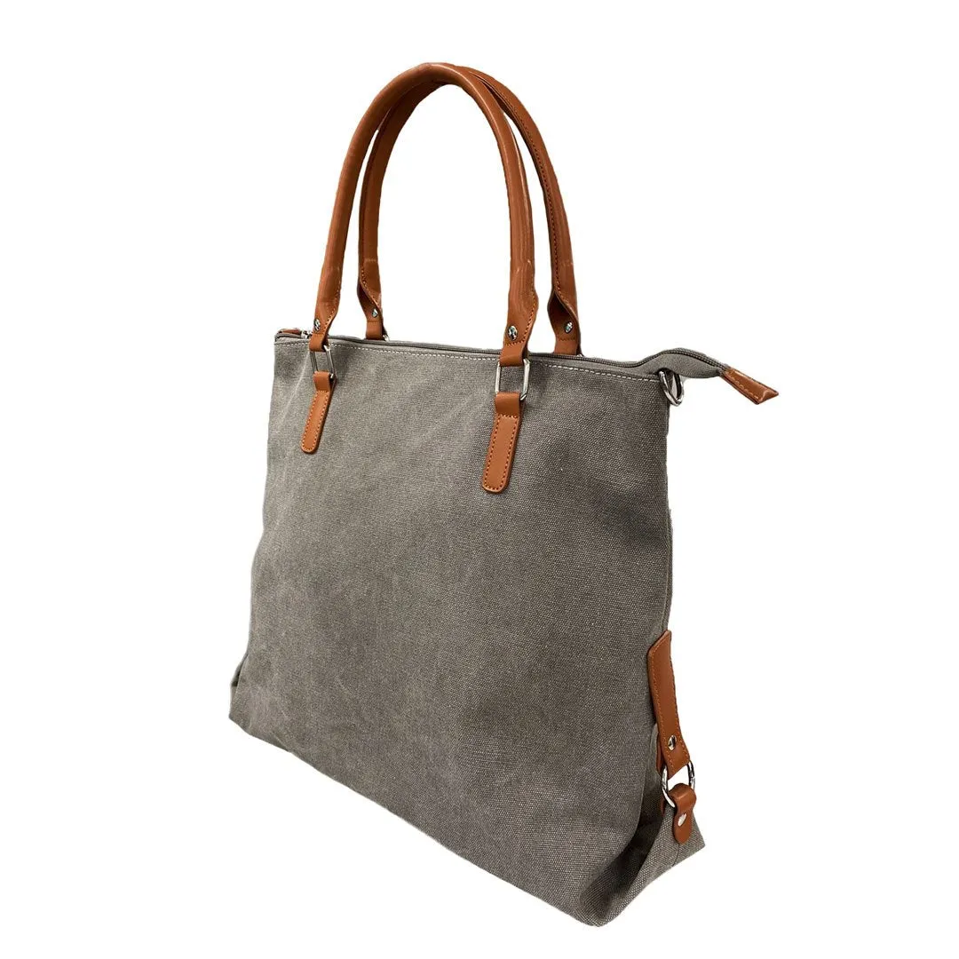 Minkara | Women's Grey Canvas Handbag with Genuine Leather Straps