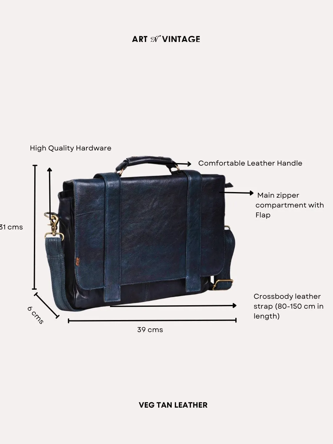 Navy Blue Leather Men's Messenger Bag By Art N Vintage