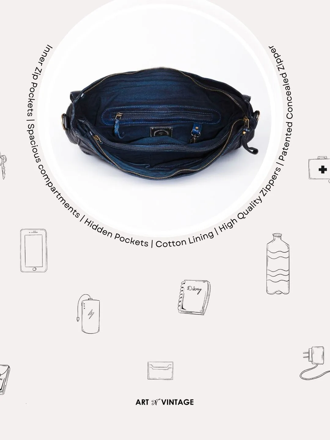 Navy Blue Leather Men's Messenger Bag By Art N Vintage