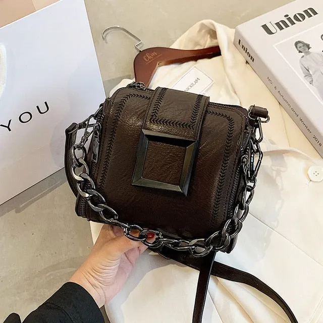 New PU Leather Retro Chains Hasp Shoulder Bag Small Delicate Bucket Bags Female Crossbody Bag Ladies Handbag