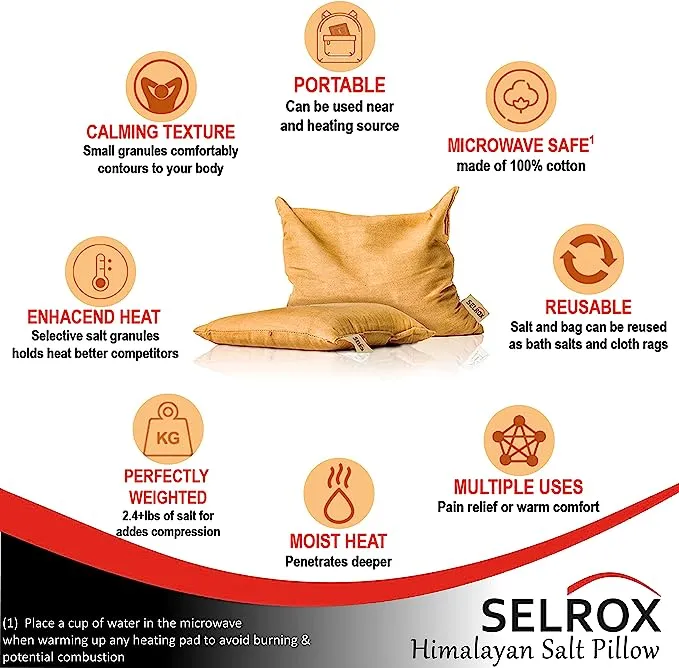NEW Selrox Therapeutic Salt Pillow Heat Pad - Filled with authentic Himalayan Pink Salt! Natural Himalayan Pink Salt microwavable heating pad for cramps, neck heating pad & hot bag