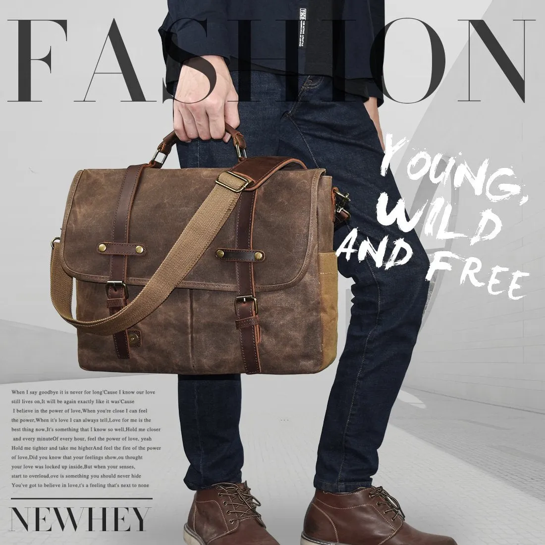 NEWHEY Messenger Bag, Waterproof Vintage Genuine Leather Waxed Canvas Briefcase Laptop Shoulder Bag